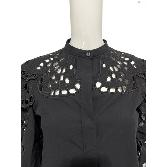 ALBERTA FERRETTI Black Eyelet Embroidered Lace Tiered Shoulder Overlay Blouse 2 - Picture 3 of 7